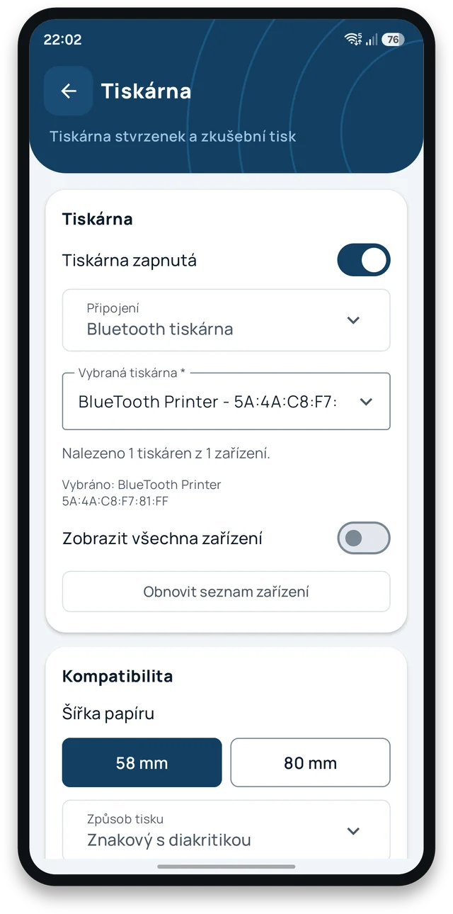 Nastavení tiskárny: připojení přes Bluetooth a vybraná tiskárna