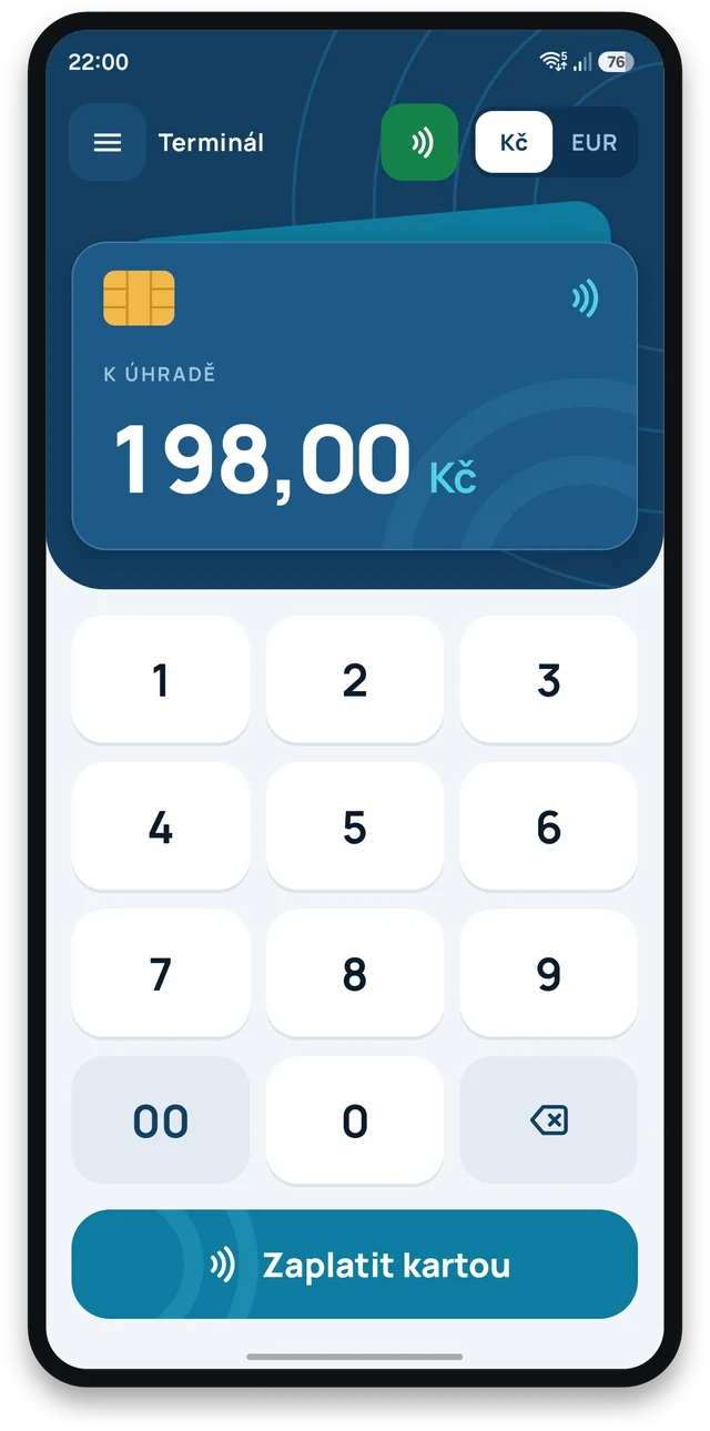 Zadání částky 198,00 Kč s tlačítkem Zaplatit kartou