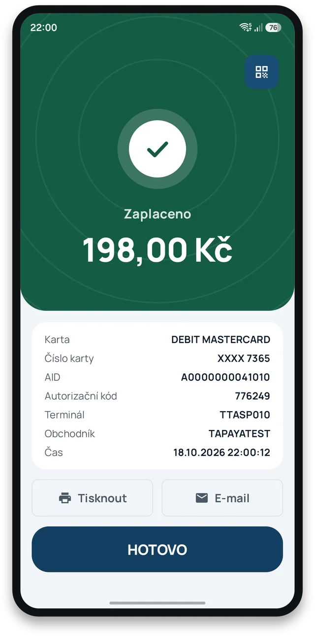 Zaplaceno 198,00 Kč s údaji karty a tlačítky Tisknout a E-mail